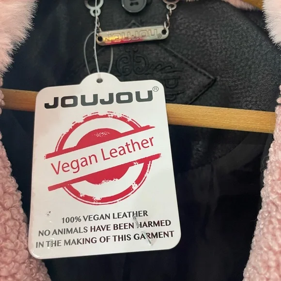 Jou Jou faux leather Black biker Jacket with Pink Fur Trim